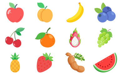 Playful flat vector fruit set – assorted tropical and garden fruits for kids’ books, menus, and healthy lifestyle graphics