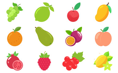 Colorful fruit assortment flat vector set – vibrant icons for food labels, summer menus, and educational materials