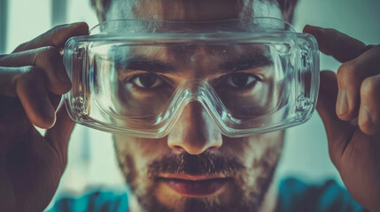 Safety precautions in science laboratory setting portrait indoor focused perspective personal protection gear