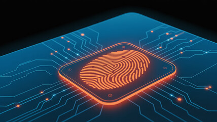 Digital fingerprint authentication and data protection concept on futuristic circuit board design