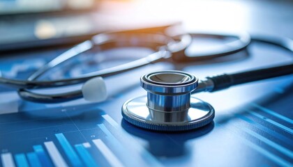 Stethoscope resting on financial data chart, medical insights analysis