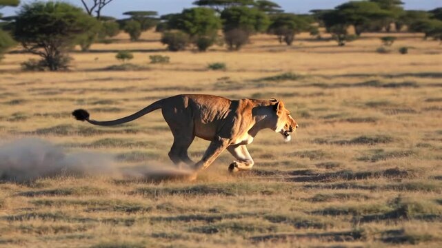 Female lion running swiftly across dusty African savanna, hunting prey with powerful strides, acacia trees framing golden grassland horizon