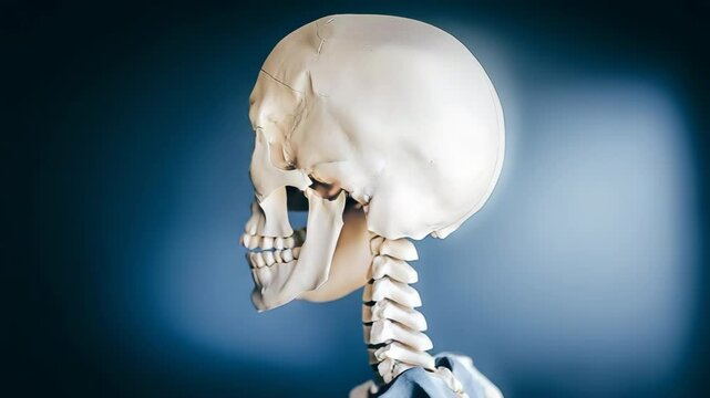 A skeleton is shown with its mouth open and teeth showing. The skeleton is looking at the camera