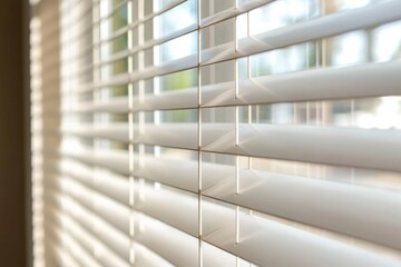 Vertical slats of a window blind partially opened, letting in soft natural light.