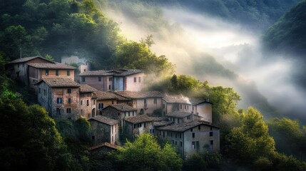 Fototapeta premium Misty mountain village nestled in lush green hills