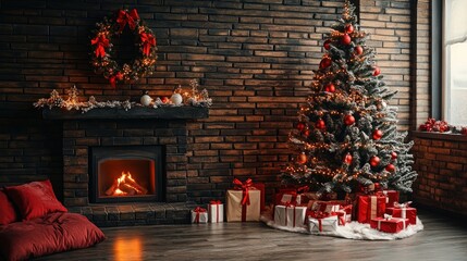 Cozy Christmas interior with fireplace and tree