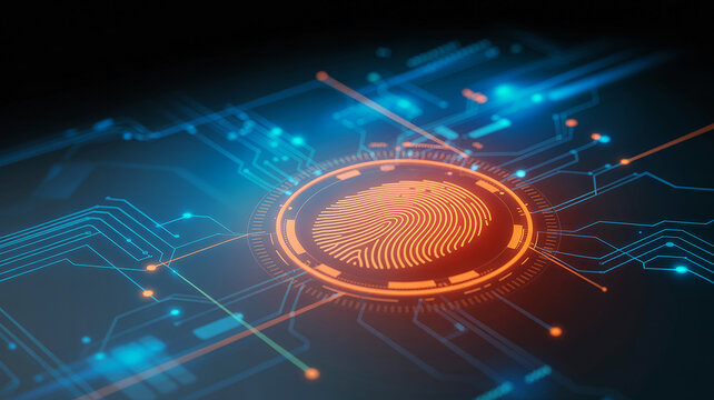 Digital fingerprint scanner on a circuit board representing data security and protection