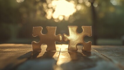 Two puzzle pieces, sunlit, on a wooden table, out-of-focus forest background