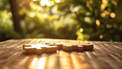 Two puzzle pieces on a wooden table, bathed in warm sunlight, with a blurred background of greenery