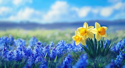 Spring meadow bursting with yellow daffodils and vibrant blue flowers