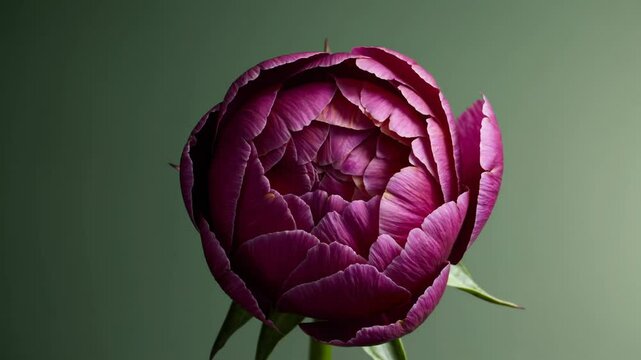 Delicate peony gradually opening from tight bud to full blossom, revealing intricate petal layers against dark green background in precise time lapse sequence