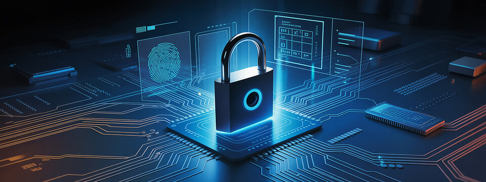 Digital security and data protection concept with padlock and circuit board imagery