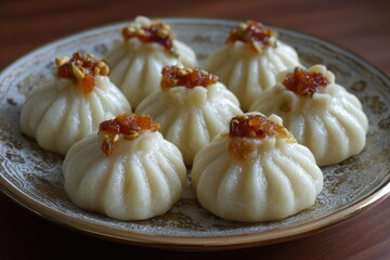 Steamed Modak A traditional coconut and jaggery sweet filled with dried fruits presented to Lord Ganesha