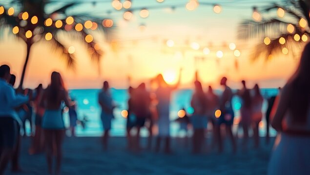 Blurred beach party at sunset - Powered by Adobe