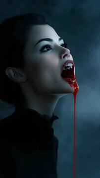 A woman with a vampire bite on her neck. The woman is wearing a black dress and has red lipstick. The image has a dark and eerie mood