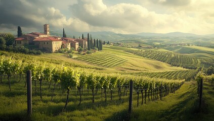 Tuscan vineyard landscape at golden hour