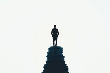 A solitary figure stands atop a stack of coins
