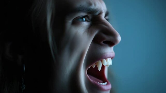 A man with long hair and a vampire bite mark on his lip. He is looking at the camera with a mouth wide open
