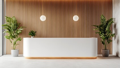 Modern reception desk in a light-filled, minimalist lobby with wood paneling