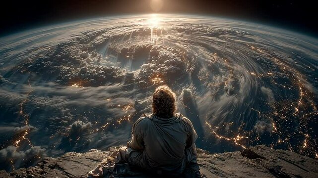 Jesus as the redeemer watching over the earth from space	