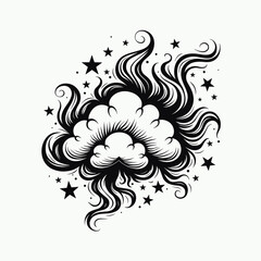 Artistic cloud design with swirling hair and stars, creativity