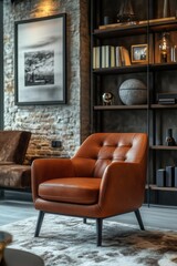 Elegant mid-century modern leather chair on wooden floor, flanked by bookshelves with decorative items.