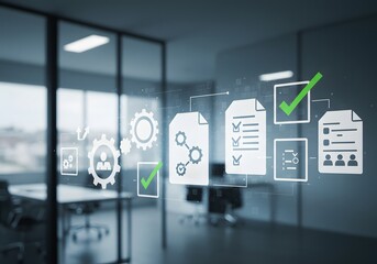 Business workflow diagram overlay on modern office interior concept