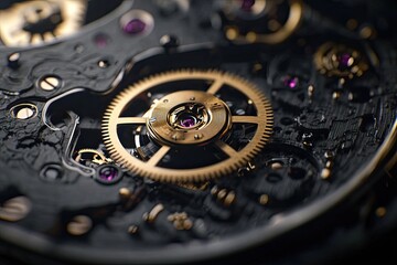 Close-up of intricate watch mechanism.  Golden gears, dark background