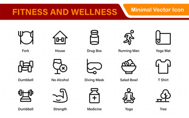 Set of fitness and wellness related line icons, wellbeing, mental health, healthcare, cosmetics, spa, medical. Outline icon collection.