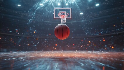 Basketball game in action.  A basketball suspended in mid-air above the hoop