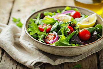 fresh and vibrant mixed greens salad featuring cherry tomatoes, red onion slices, and lemon wedges, served in a rustic ceramic bowl on a wooden table
