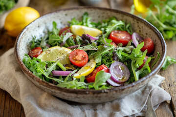 close-up of a vibrant rustic mixed greens salad, featuring cherry tomatoes, red onion slices, lemon wedges, and a drizzle of olive oil, served in a ceramic bowl