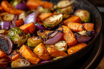 Close-up of roasted carrots, Brussels sprouts, and red onions in a skillet, charred and caramelized to perfection.
