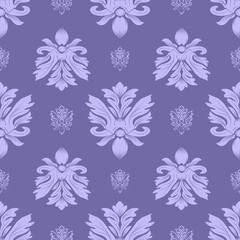 Fototapeta premium Damask seamless pattern with purplish blue flowers, vector illustration elegant for textile, wall paper, bedding, curtains, cushion cover, rug, scarf, upholstery fabric, vintage design, luxury design
