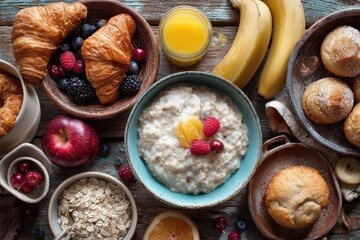 Bird s eye view of breakfast featuring oatmeal croissants fresh fruit and muffins