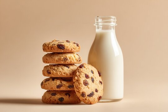 Warm homemade raisin cookies with fresh milk on a neutral backdrop showcasing a cozy treat