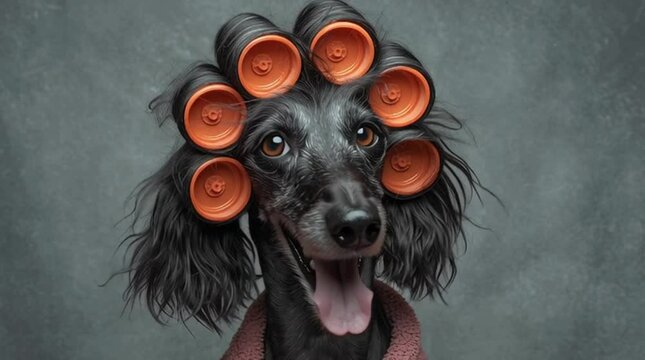 Cute and funny dog with colorful curlers.For pet grooming, humor content, viral ads, social media, animal care branding.