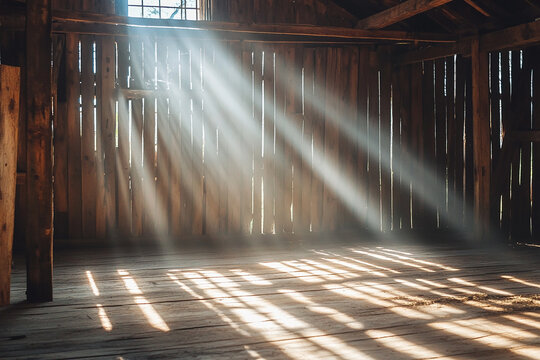 Warm sunlight streams through the wooden slats of an old rustic barn, casting dramatic light beams onto the dusty wooden floor.