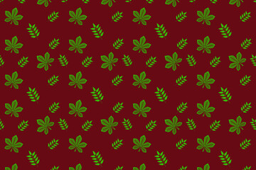 Seamless green floral pattern on red background. Green floral texture.