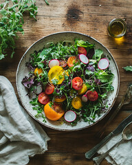Colorful mixed greens salad with cherry tomatoes, radishes, and microgreens in a rustic bowl on a wooden table.
