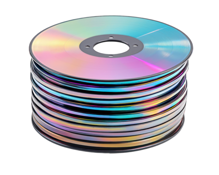 Colorful CDs stacked in a spool.  A stack of iridescent CDs, layered and tightly wound around a central core.  Each CD shows a spectrum of pastel colors