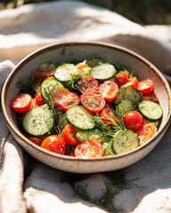 rustic salad featuring sliced cucumbers and halved cherry tomatoes, lightly seasoned with black pepper and garnished with fresh dill
