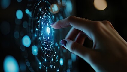 A hand interacts with a glowing, circular, holographic interface