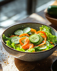 fresh homemade salad with cucumbers, yellow bell peppers, and lettuce, garnished with sesame seeds in natural sunlight.