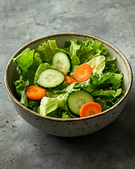 simple, fresh salad served in a rustic ceramic bowl, featuring crisp lettuce, sliced cucumbers, and rounds of carrot.