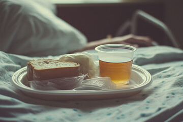 simple hospital meal on a plastic tray, featuring a cup of amber-colored gelatin, a bread roll, and a wrapped napkin, placed on a bed