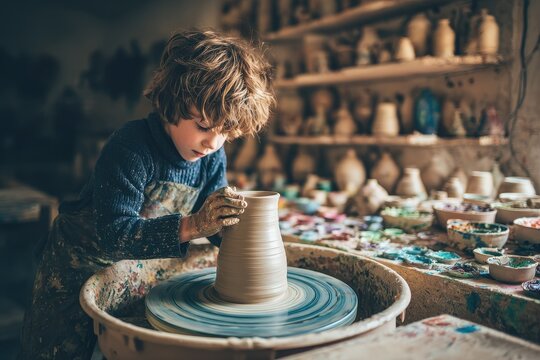 Kid crafting a clay vase on a spinning wheel in a studio Idea of creativity and traditional arts