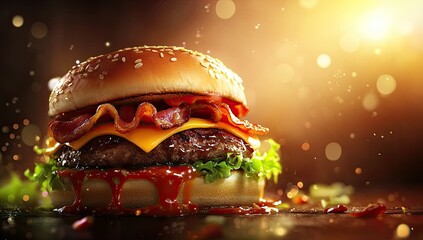 Delicious burger with bacon, cheese, and sauce