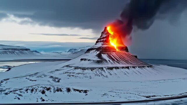 Burning Ice Mountain Silhouetted Against Thunderous Clouds