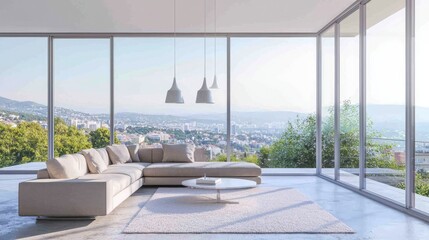 Panoramic view living room with modern furnishings.